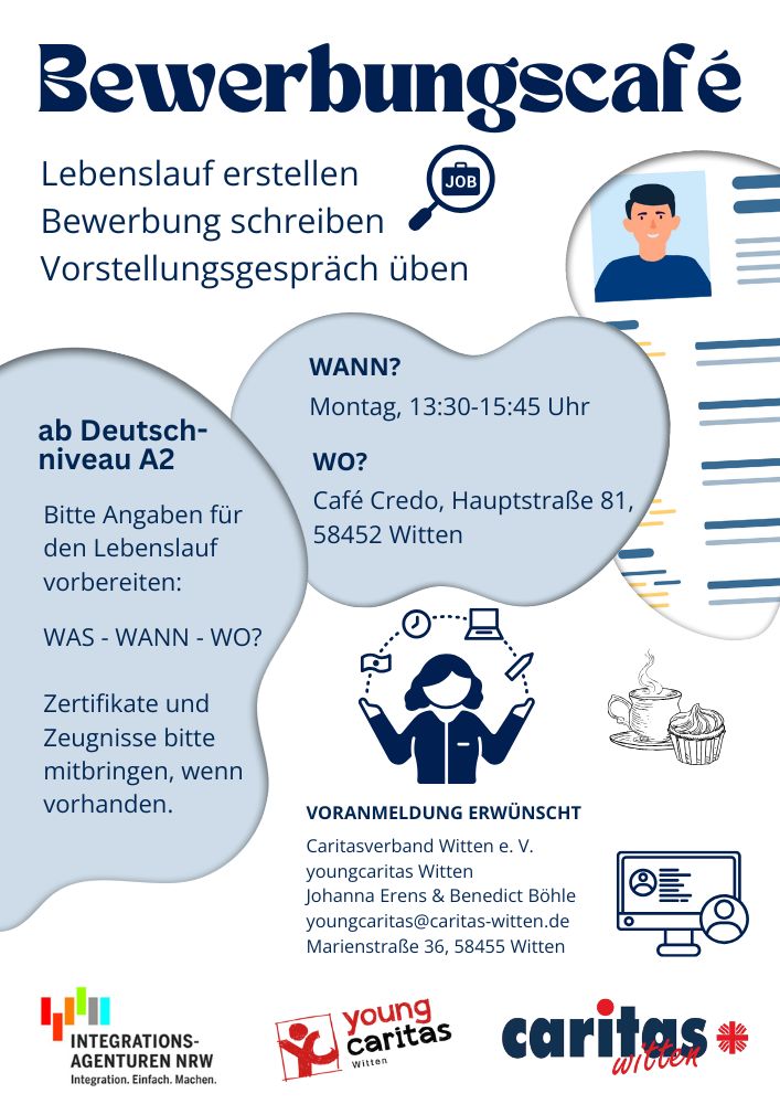 Ankündigungsplakat fürs Bewerbungscafé, Montag 13:30-15:45 Uhr, Café Credo, Hauptstr. 81, 58452 Witten