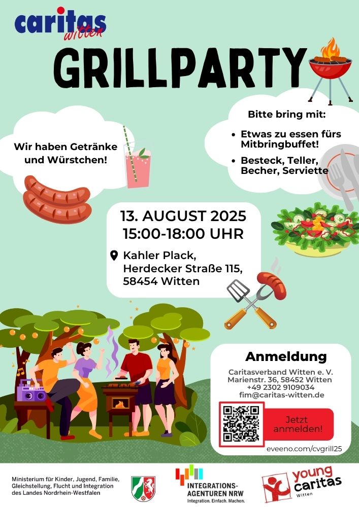 Plakat zur Caritas-Grillparty am 13. August 2025 von 15:00 bis 18:00 Uhr am Kahler Plack, Herdecker Straße 115, 58454 Witten. Es gibt Getränke und Würstchen. Gäste sollen etwas fürs Mitbringbuffet sowie Besteck, Teller, Becher und Serviette mitbringen. Anmeldung über QR-Code oder eveeno.com/cvgrill25. Veranstalter: Caritasverband Witten e. V., unterstützt von Integrationsagenturen NRW und youngcaritas.
