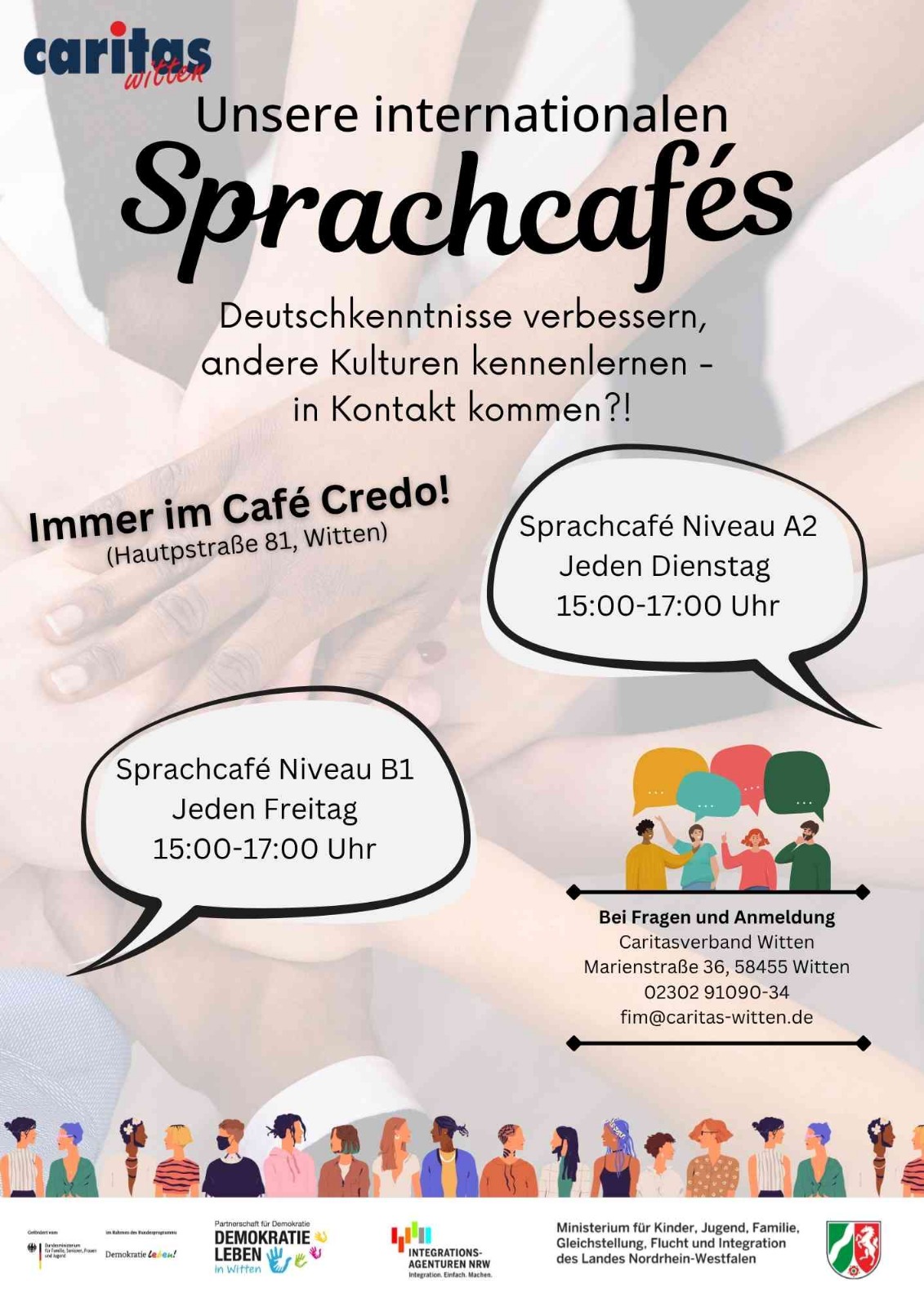 Werbeplakat für internationale Sprachcafés der Caritas Witten. Termine: A2 dienstags 15–17 Uhr, B1 freitags 15–17 Uhr im Café Credo, Hauptstraße 81, Witten. Einladung zum Deutschlernen und kulturellen Austausch. Kontakt: Caritasverband Witten, 02302 9109034 fim@caritas-witten.de