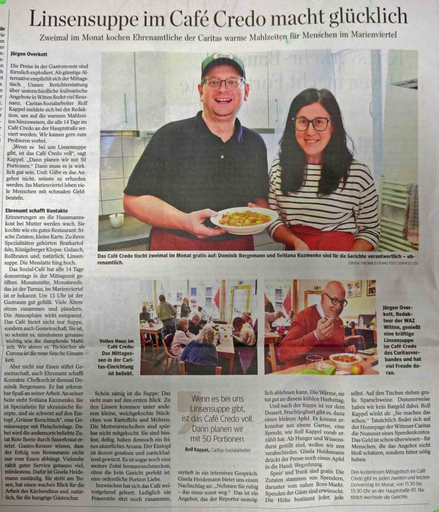 Beitrag aus der WAZ zum Thema "Linsensuppe im Café Credo macht glücklich"