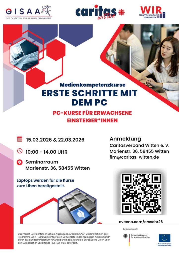 Plakat „Medienkompetenzkurse – Erste Schritte mit dem PC“ für erwachsene Einsteiger*innen am 15.03. und 22.03.2026, 10:00–14:00 Uhr, Seminarraum Marienstr. 36, Witten. Laptops werden gestellt. Anmeldung über eveeno.com/ersschr26, mit QR-Code.
