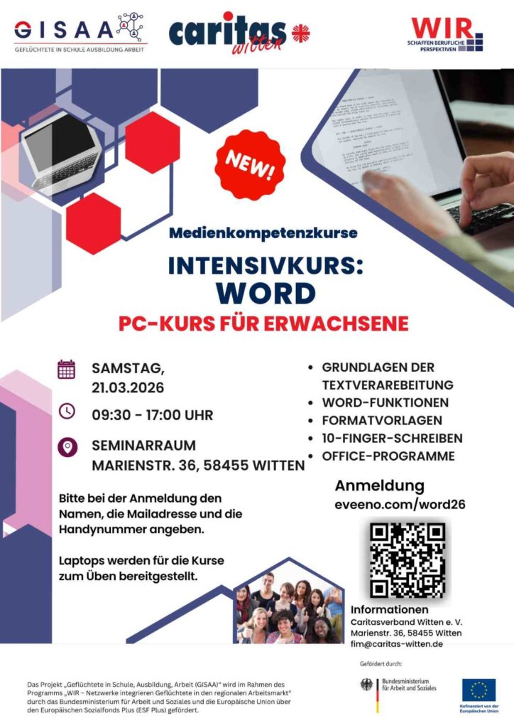 Plakat „Medienkompetenzkurse – Intensivkurs: Word, PC-Kurs für Erwachsene“ am 21.03.2026, 09:30–17:00 Uhr im Seminarraum, Marienstr. 36, Witten. Inhalte: Textverarbeitung, Word-Funktionen, Formatvorlagen, 10-Finger-Schreiben. Anmeldung über eveeno.com/word26, mit QR-Code.