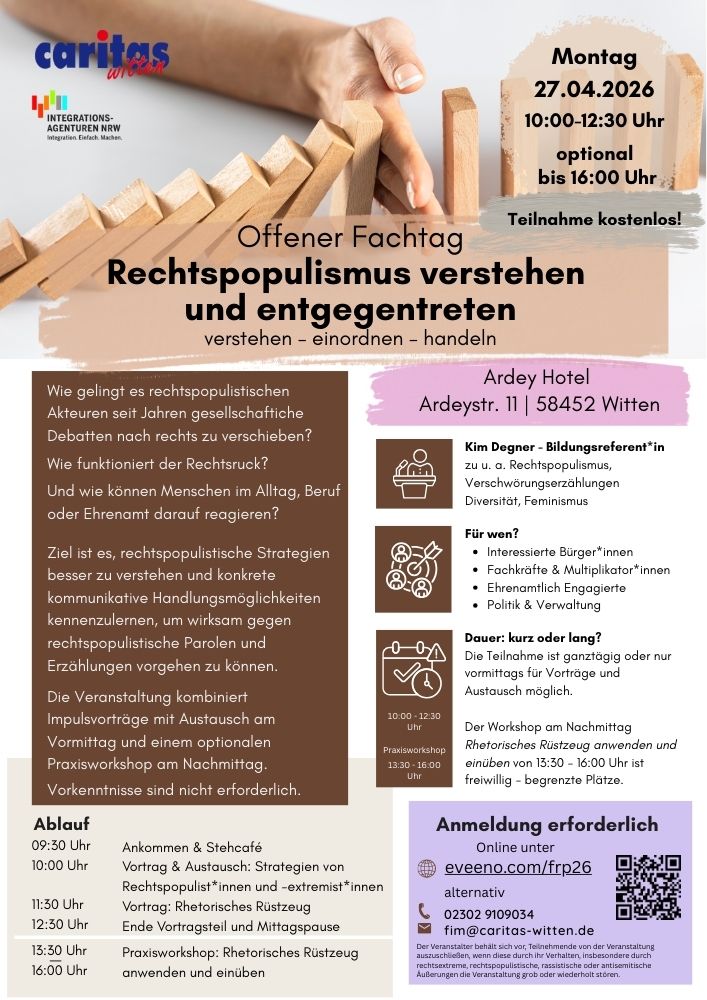 Veranstaltungsplakat zum offenen Fachtag „Rechtspopulismus verstehen und entgegentreten – verstehen, einordnen, handeln“ am 27. April 2026 in Witten. Das Plakat zeigt umfallende Holzbausteine, die von einer Hand gestoppt werden. Informationen zu Vorträgen, Austauschformaten und einem optionalen Praxisworkshop zum Umgang mit rechtspopulistischen Strategien sowie Angaben zu Ort, Zeit und Anmeldung sind enthalten.
