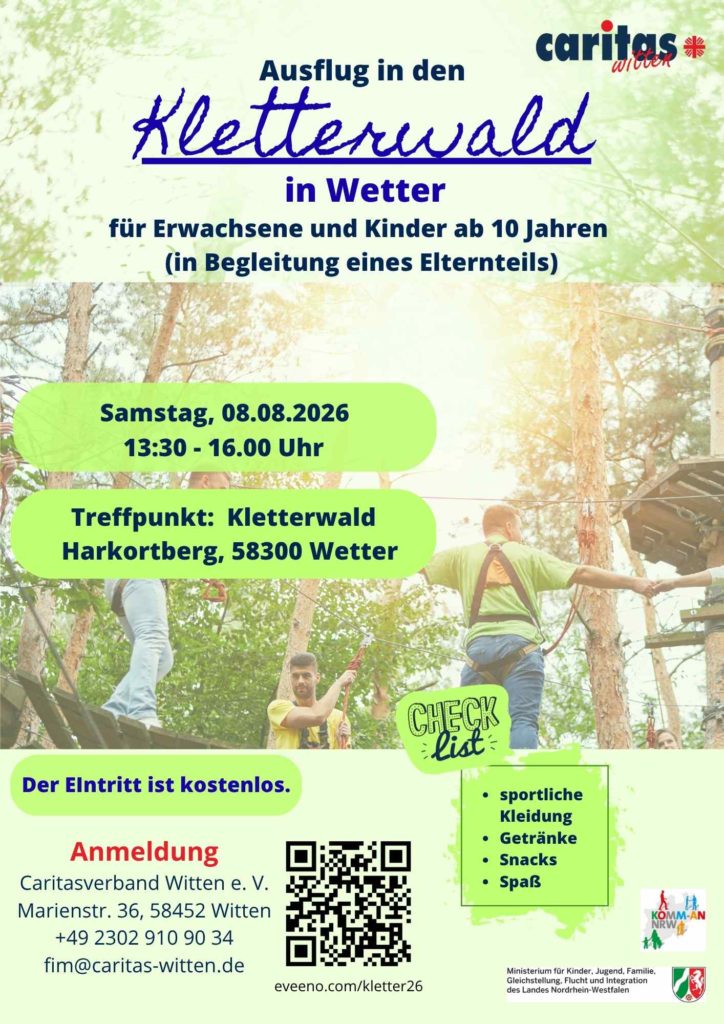Plakat zum kostenlosen Minigolf-Ausflug der Caritas Witten am 29. August 2026 um 10:45 Uhr im Freizeittreff Herbede, Zeche-Holland-Str. 6. Anmeldung über die Caritas Witten.