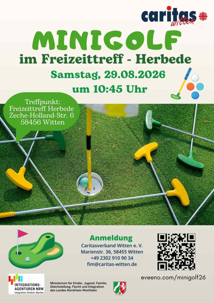 Plakat zum kostenlosen Minigolf-Ausflug der Caritas Witten am 29. August 2026 um 10:45 Uhr im Freizeittreff Herbede, Zeche-Holland-Str. 6. Anmeldung über die Caritas Witten.