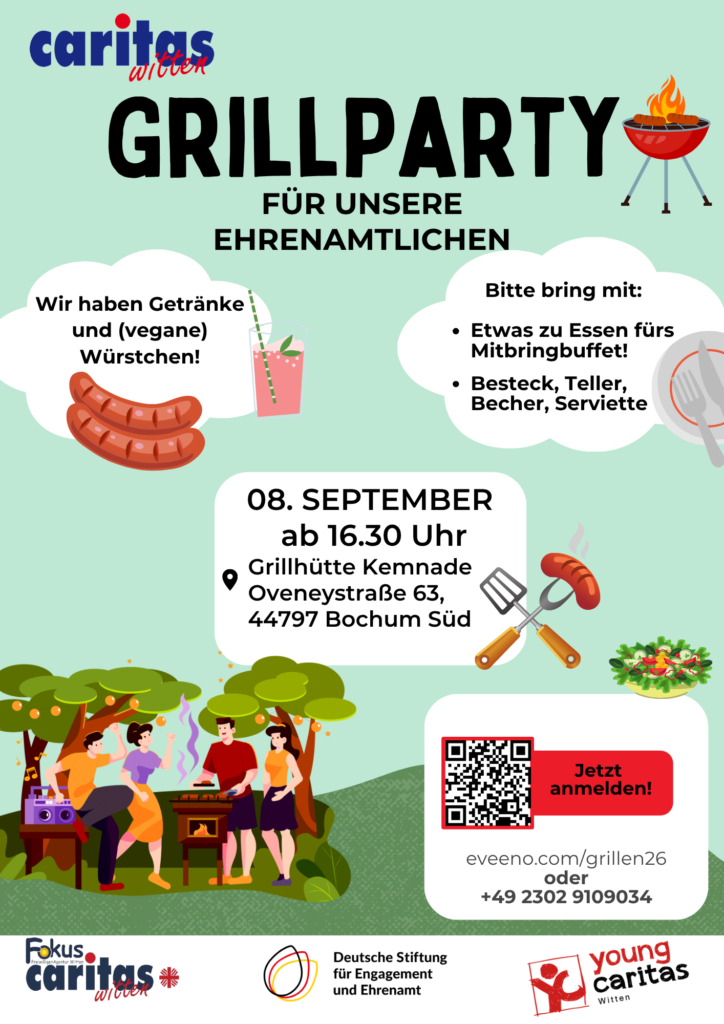 Plakat zur Grillparty für Ehrenamtliche der Caritas Witten am 8. September ab 16:30 Uhr an der Grillhütte Kemnade in Bochum. Getränke und Würstchen werden gestellt, Beiträge fürs Mitbringbuffet sind willkommen.