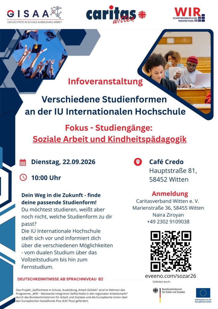 Plakat zur Infoveranstaltung über Studienformen an der IU Internationalen Hochschule am 22. September 2026 um 10 Uhr im Café Credo Witten. Schwerpunkt: Soziale Arbeit und Kindheitspädagogik.