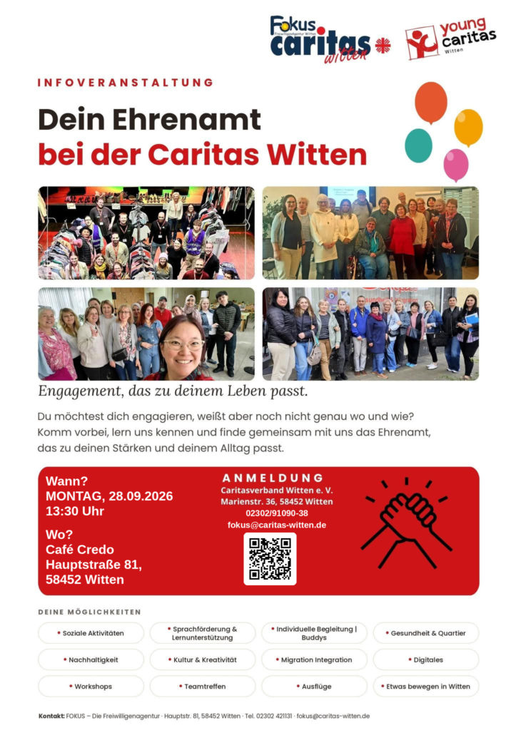 Plakat zur Infoveranstaltung „Dein Ehrenamt bei der Caritas Witten“ am 28. September 2026 um 13:30 Uhr im Café Credo. Vorgestellt werden vielfältige Möglichkeiten für freiwilliges Engagement.