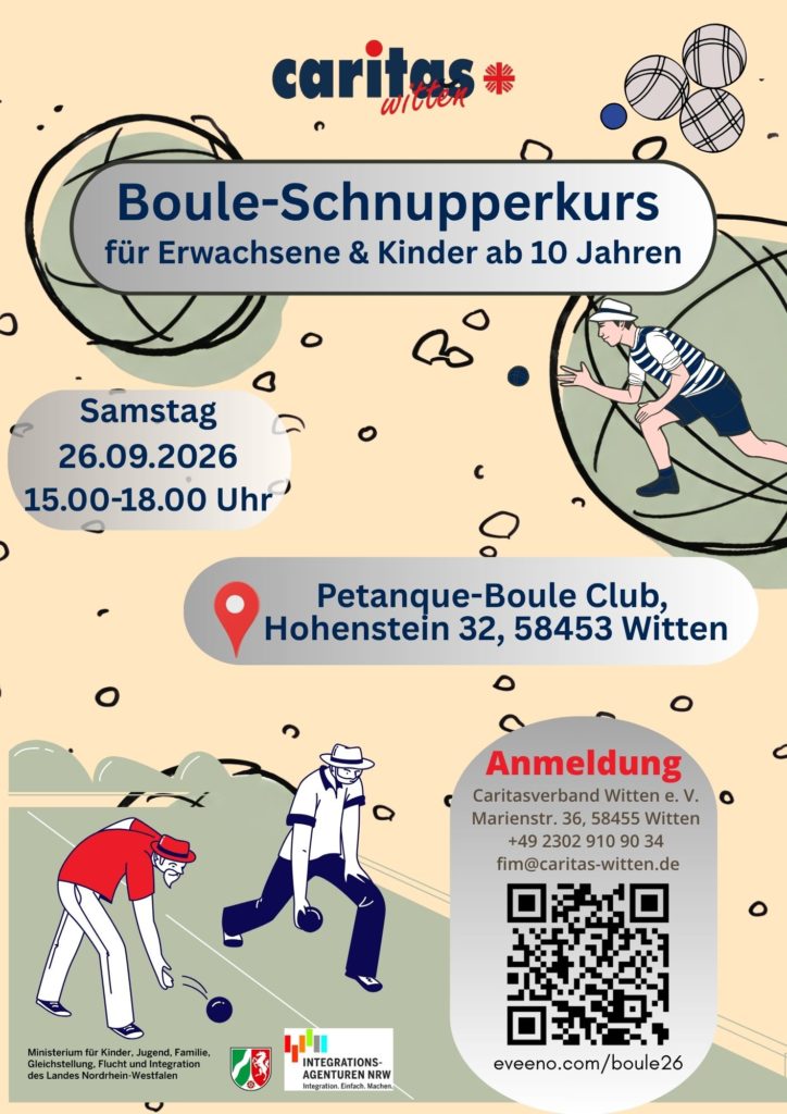 Plakat zum Boule-Schnupperkurs der Caritas Witten am 26. September 2026 von 15 bis 18 Uhr beim Pétanque-Boule Club am Hohenstein. Für Erwachsene und Kinder ab 10 Jahren.