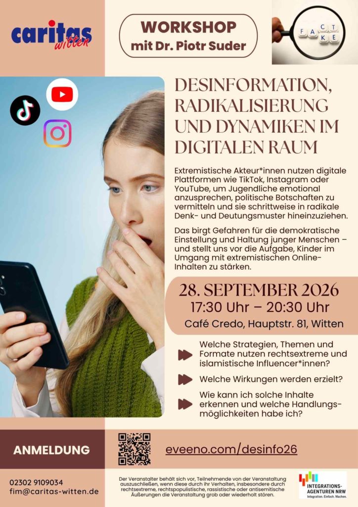 Plakat zum Workshop „Desinformation, Radikalisierung und Dynamiken im digitalen Raum“ mit Dr. Piotr Suder am 28. September 2026 von 17:30 bis 20:30 Uhr im Café Credo in Witten.