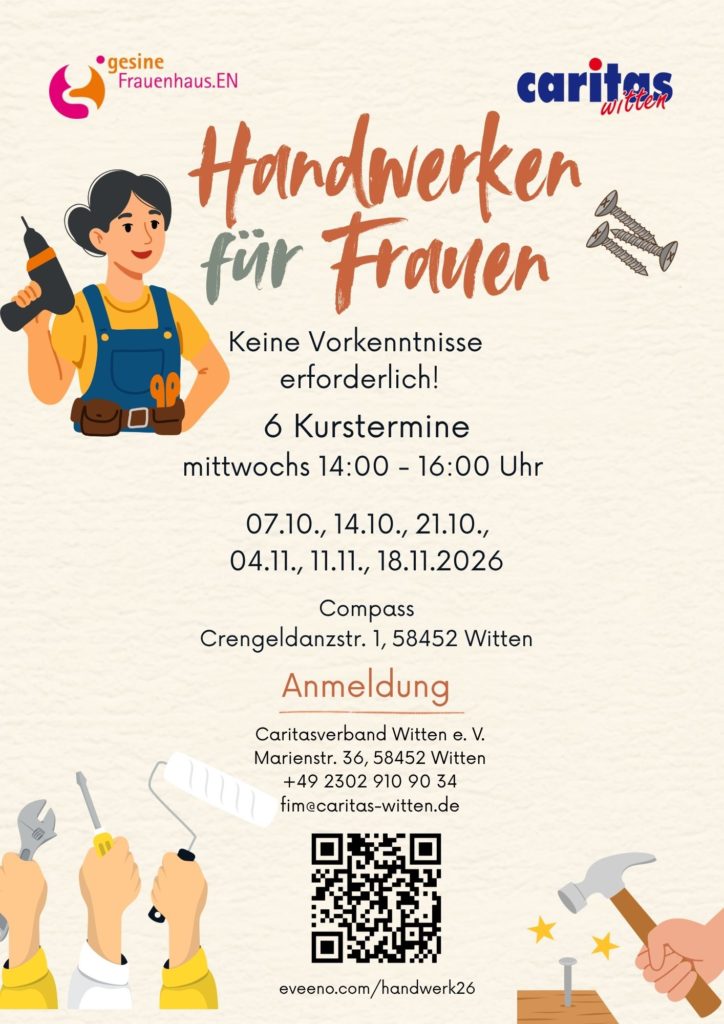 Plakat zum Kurs „Handwerken für Frauen“ in Witten. Sechs Termine mittwochs von 14 bis 16 Uhr ab 7. Oktober 2026 im Compass. Es sind keine Vorkenntnisse erforderlich. Anmeldung bei der Caritas Witten.