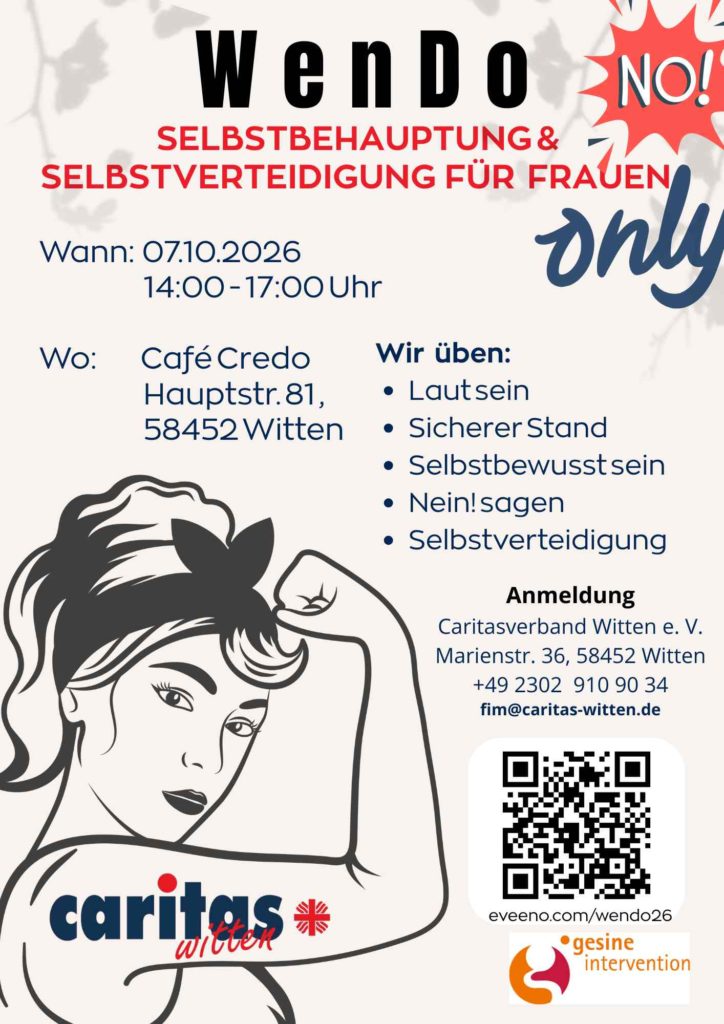 Plakat zum WenDo-Kurs für Frauen am 7. Oktober 2026 von 14 bis 17 Uhr im Café Credo in Witten. Geübt werden Selbstbehauptung, selbstbewusstes Auftreten, Nein-Sagen und Selbstverteidigung.