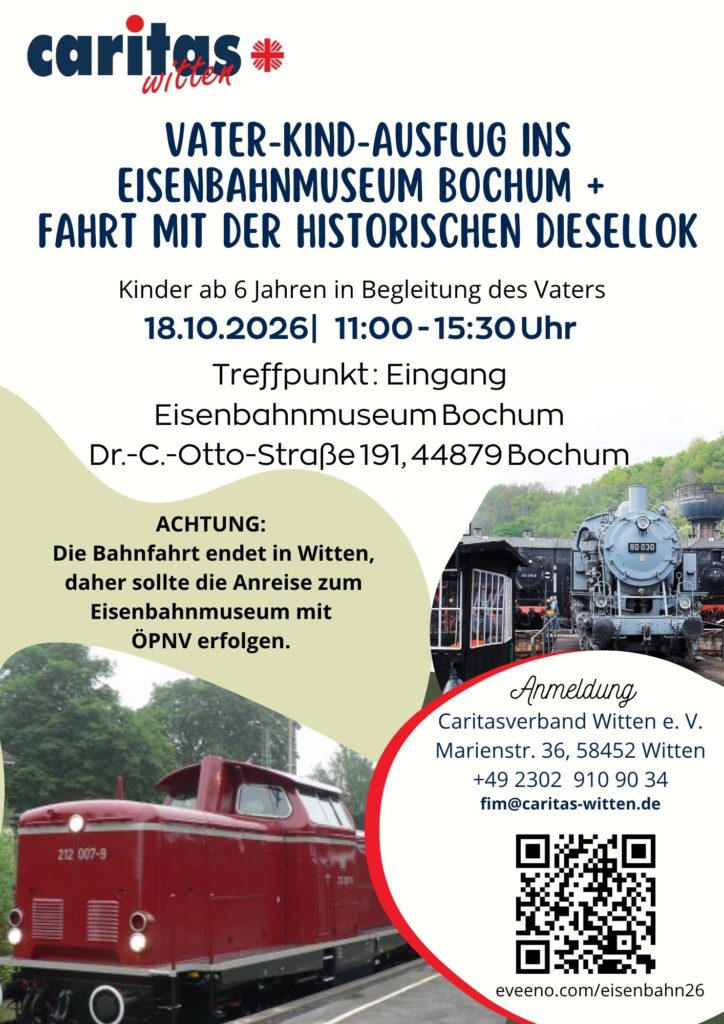 Plakat zum Vater-Kind-Ausflug ins Eisenbahnmuseum Bochum am 18. Oktober 2026 von 11 bis 15:30 Uhr mit Fahrt in einer historischen Diesellok. Für Kinder ab 6 Jahren in Begleitung ihres Vaters.