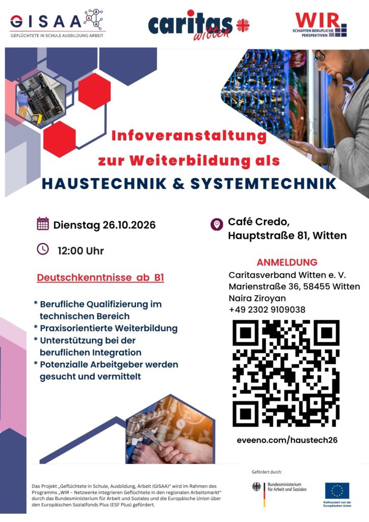 Plakat zur Infoveranstaltung über die Weiterbildung in Haustechnik und Systemtechnik am 26. Oktober 2026 um 12 Uhr im Café Credo Witten. Das Angebot informiert über Qualifizierung und Berufsperspektiven.