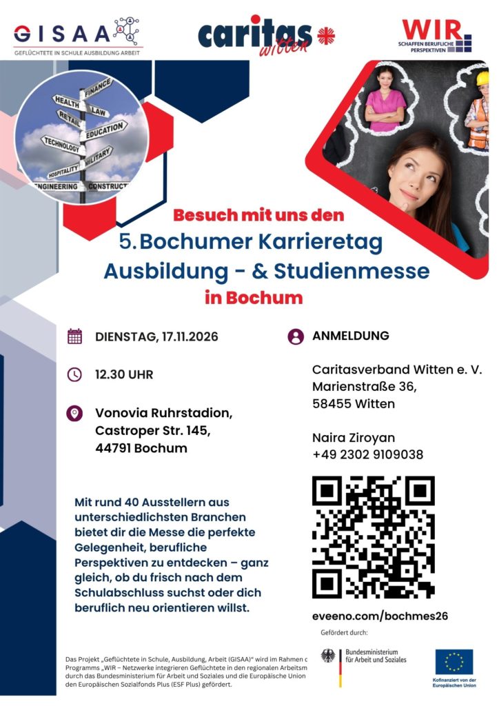 Plakat zum gemeinsamen Besuch des 5. Bochumer Karrieretags am 17. November 2026 um 12:30 Uhr im Vonovia Ruhrstadion. Die Ausbildungs- und Studienmesse bietet Informationen zu vielfältigen beruflichen Perspektiven.