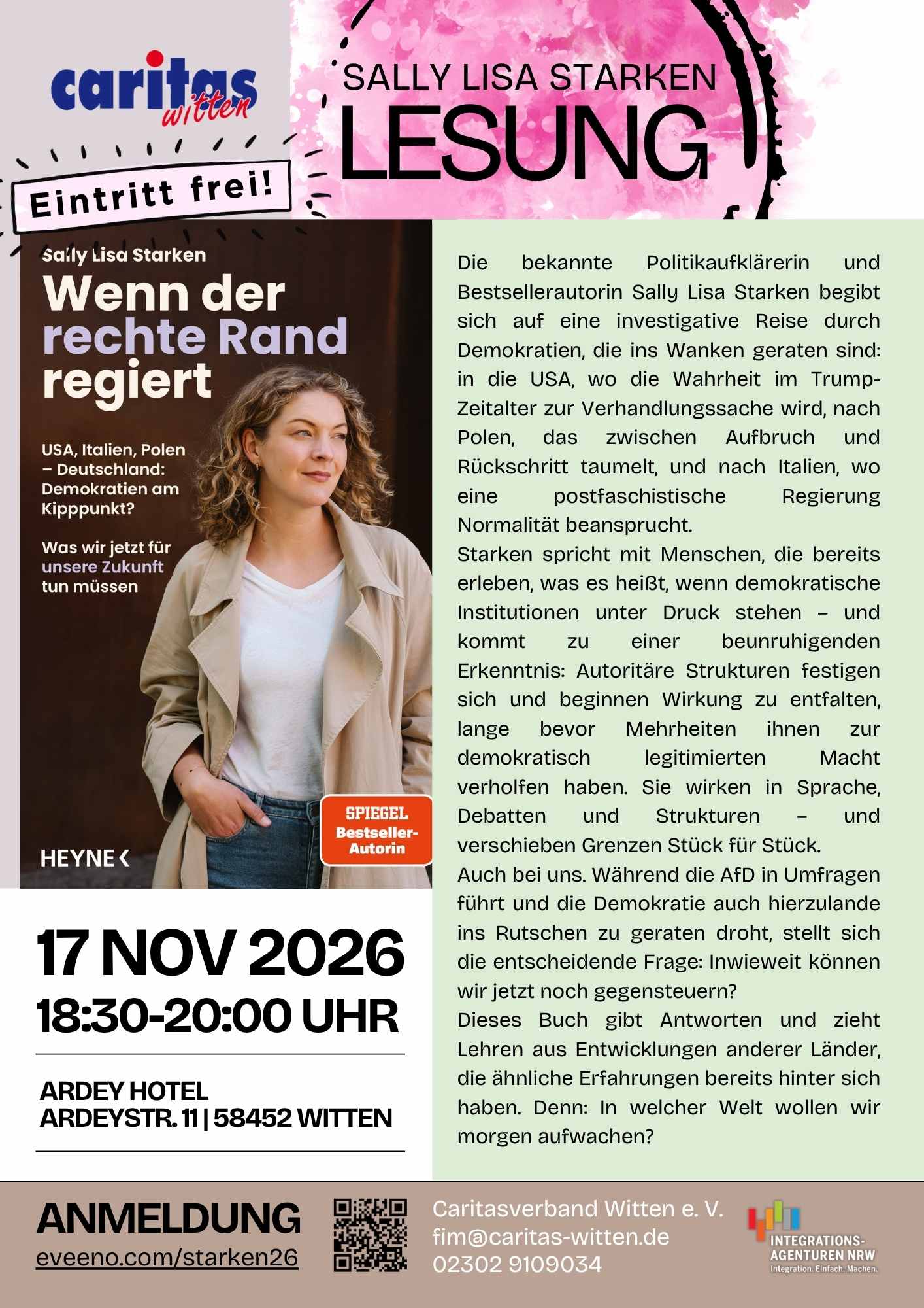 Plakat zur Lesung mit Sally Lisa Starken am 17. November 2026 im Ardey Hotel Witten. Thema ist ihr Buch „Wenn der rechte Rand regiert“. Eintritt frei, Anmeldung erforderlich.